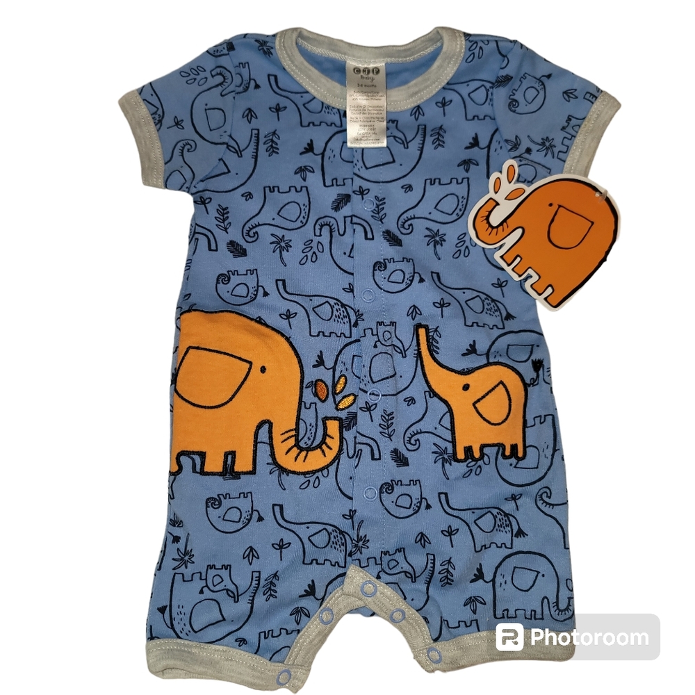 CJP Baby Infant Boy 3-6 Months 1 PC Romper Blue W Elephant Print Shorts Cozy NWT